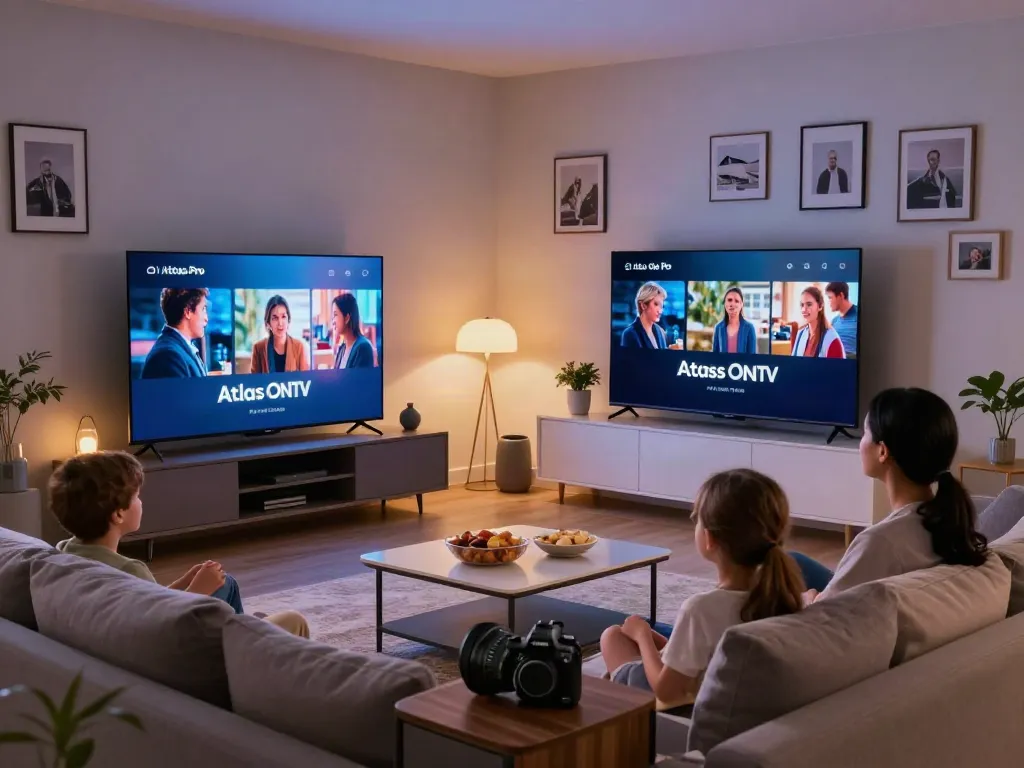 Famille profitant d'une soirée cinéma avec Atlas Pro ONTV dans un salon moderne.