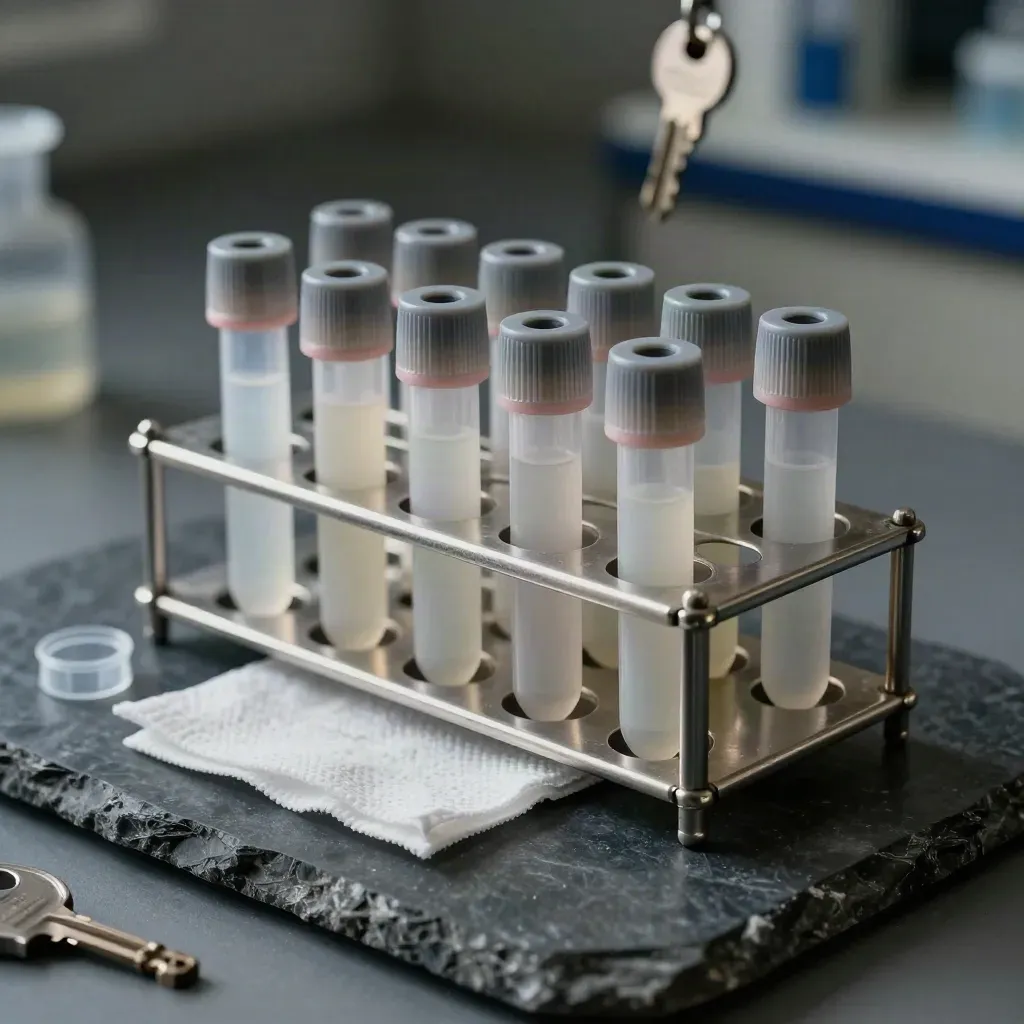 Kit de prélèvement de laboratoire sur pierre sombre, tubes opaques et rack métal en lumière dramatique.
