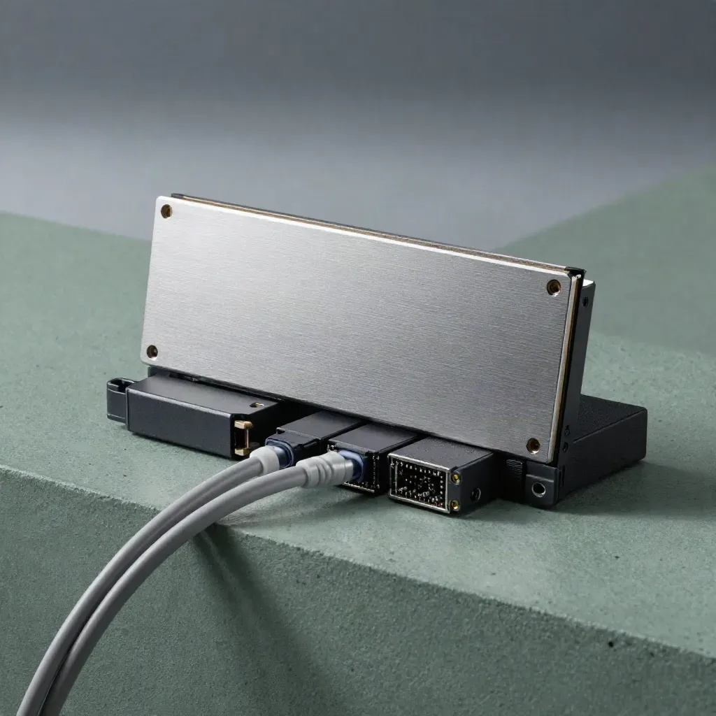 SSD serveur, modules SFP et câbles fibre sur pierre sombre, ambiance studio après l’orage.