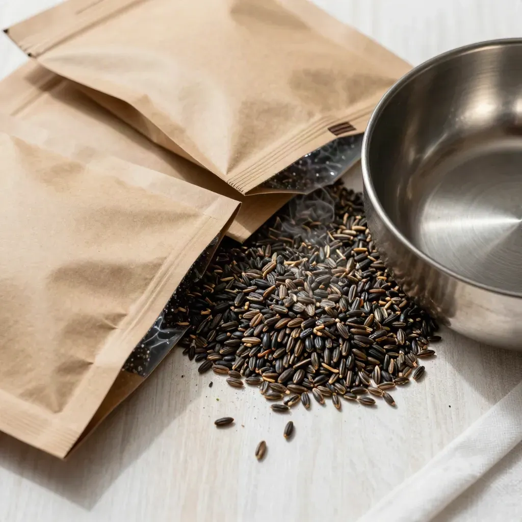 Trois sachets kraft, des grains sombres triés et une coupelle inox sur bois pâle, vue de dessus.
