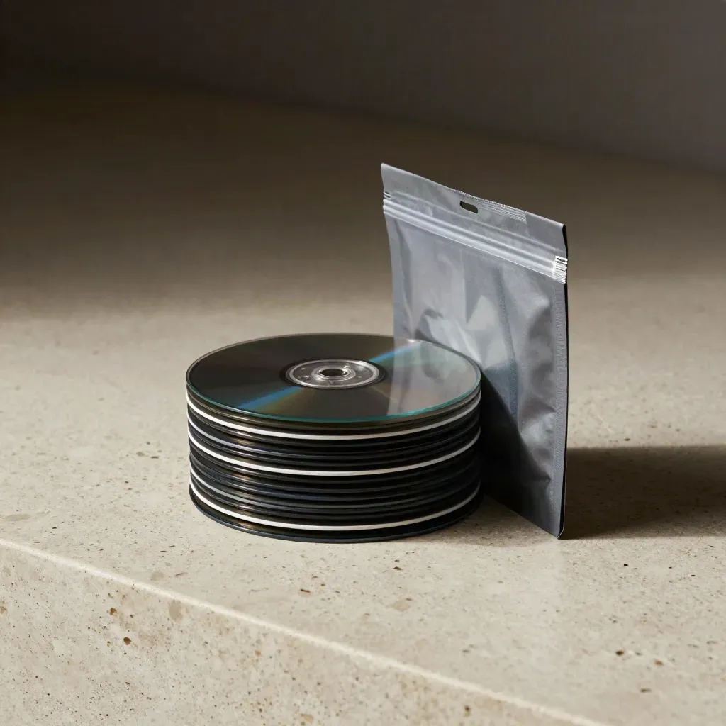 Pile de disques de sauvegarde et sachet antistatique sur pierre claire, lumière dramatique.