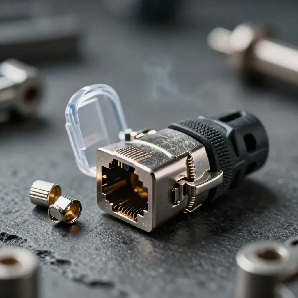 Gros plan d’un connecteur RJ45 blindé avec capuchon et embouts, sur pierre graphite.