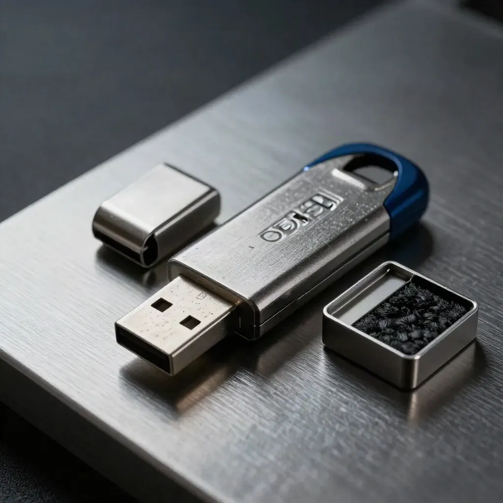Clé USB chiffrée en métal, capuchon et boîte antistatique sur acier brossé.