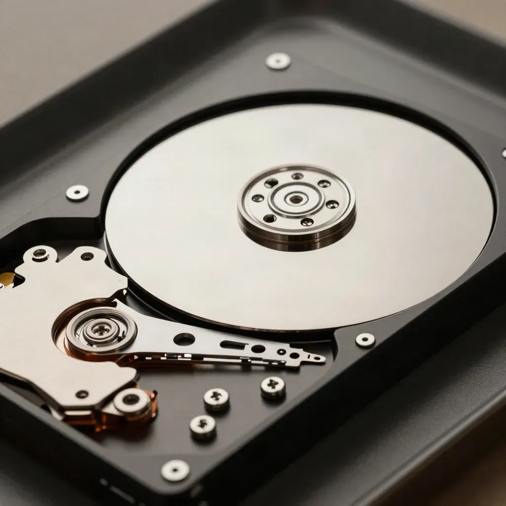 Disque dur SATA 2,5 pouces ouvert, vis Torx et châssis sur fond graphite.