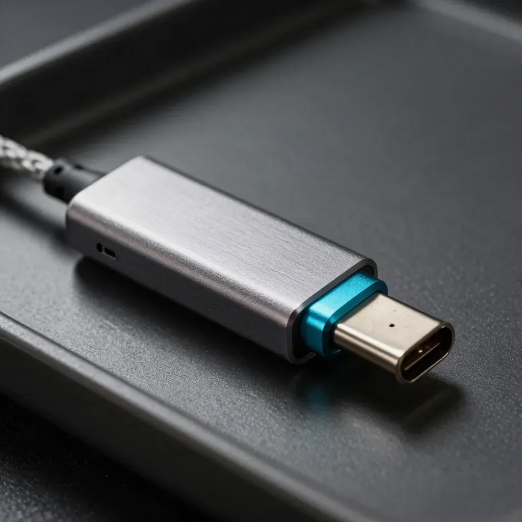 Adaptateur USB-C réseau, câble tressé et bouchon d’extrémité sur fond graphite.