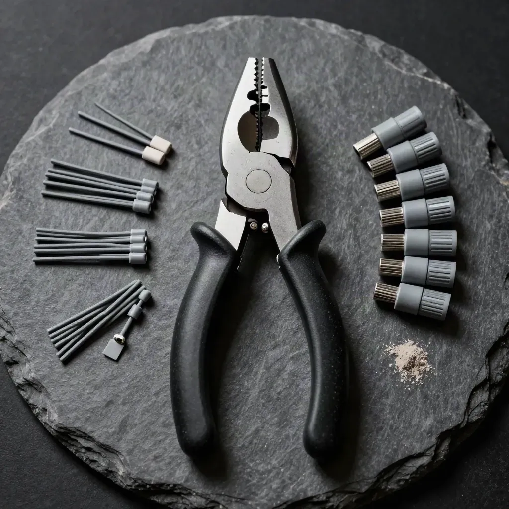 Pince à sertir, colliers et connecteurs gris sur ardoise mate, lumière dramatique.