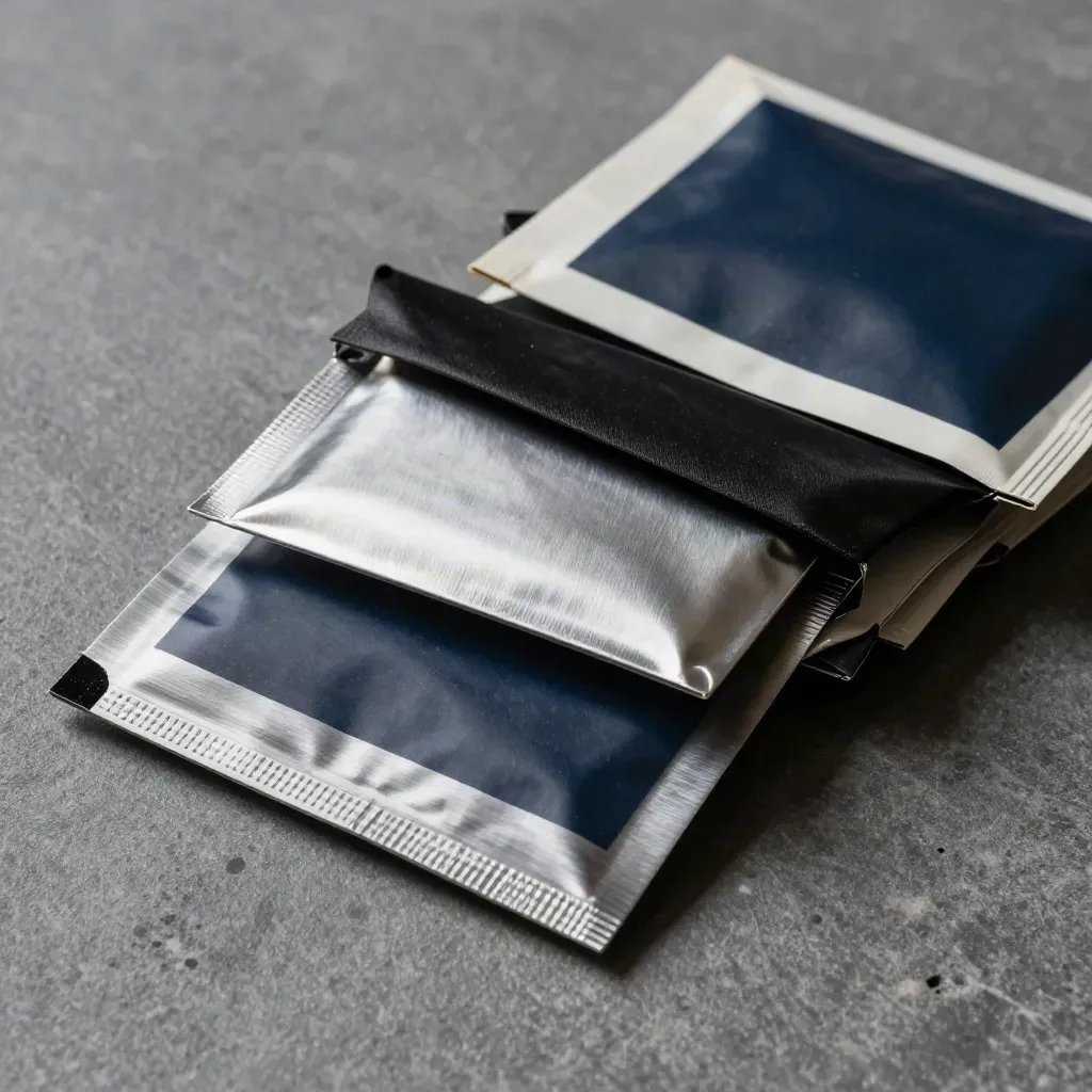 Pochettes antistatiques ouvertes, deux SSD compacts et séparateurs gris, vue du dessus.