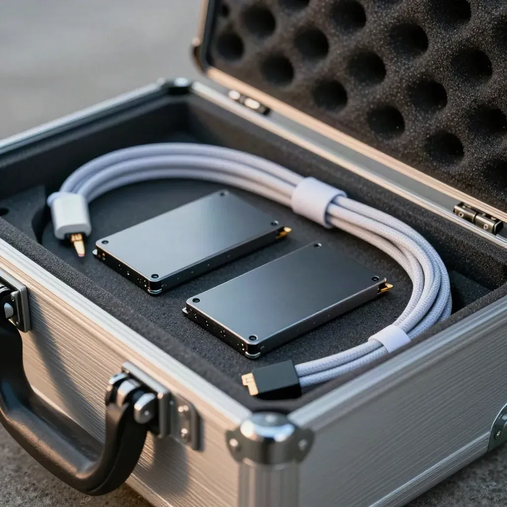 Deux SSD externes et un câble tressé dans un coffre aluminium sur béton chaud.