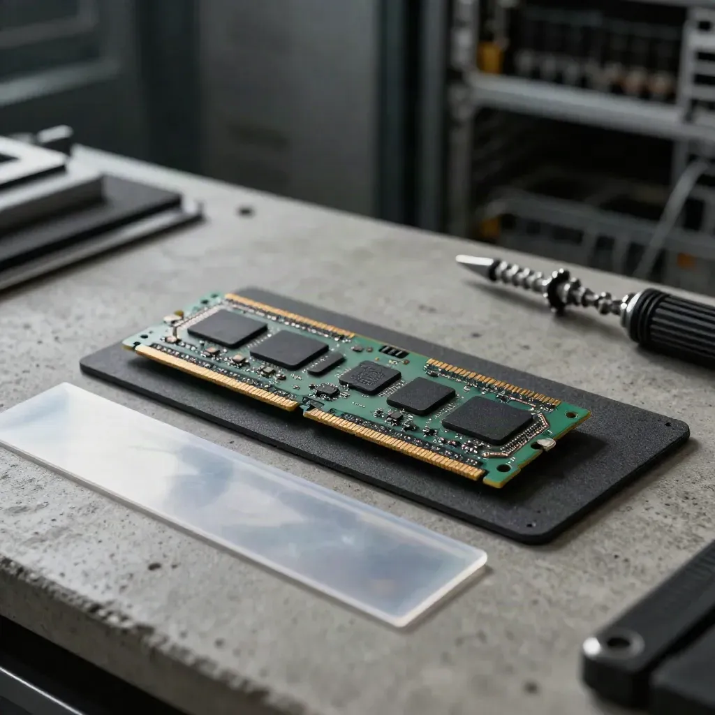 Barrette mémoire et SSD nus derrière une gaine antistatique, lumière douce sur fond graphite.