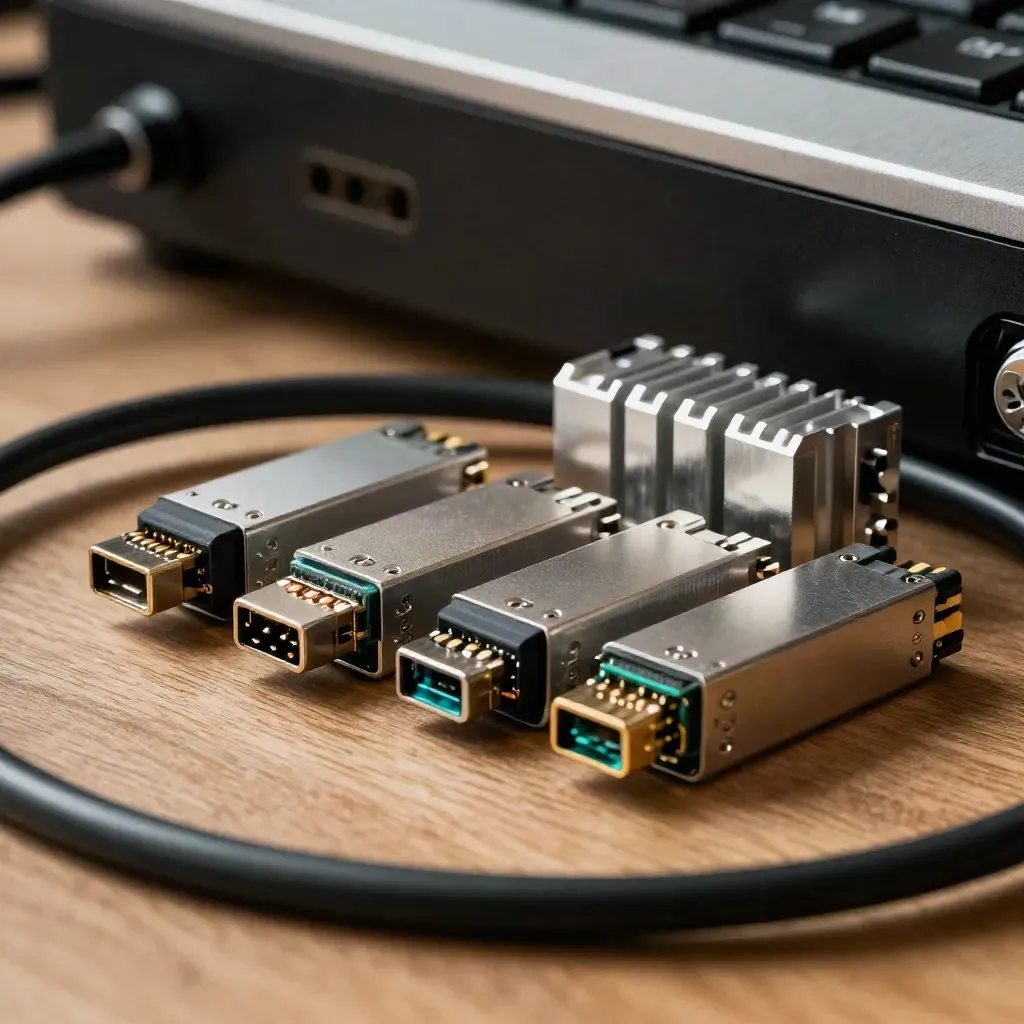 Modules SFP, câble DAC, dissipateur et SSD NVMe sur établi, ambiance technique sombre.