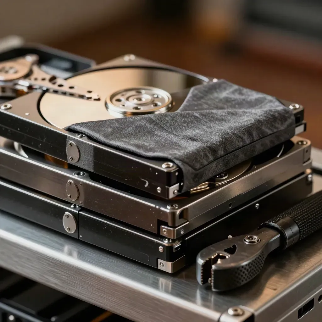 Pile de disques durs reconditionnés, coque antistatique et outil de baie sur étagère métallique sombre.