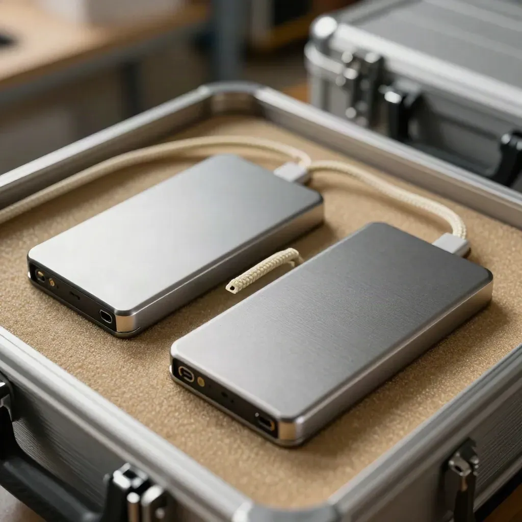 Deux SSD externes, câble tressé clair et coffre alu en macro sur fond sombre.