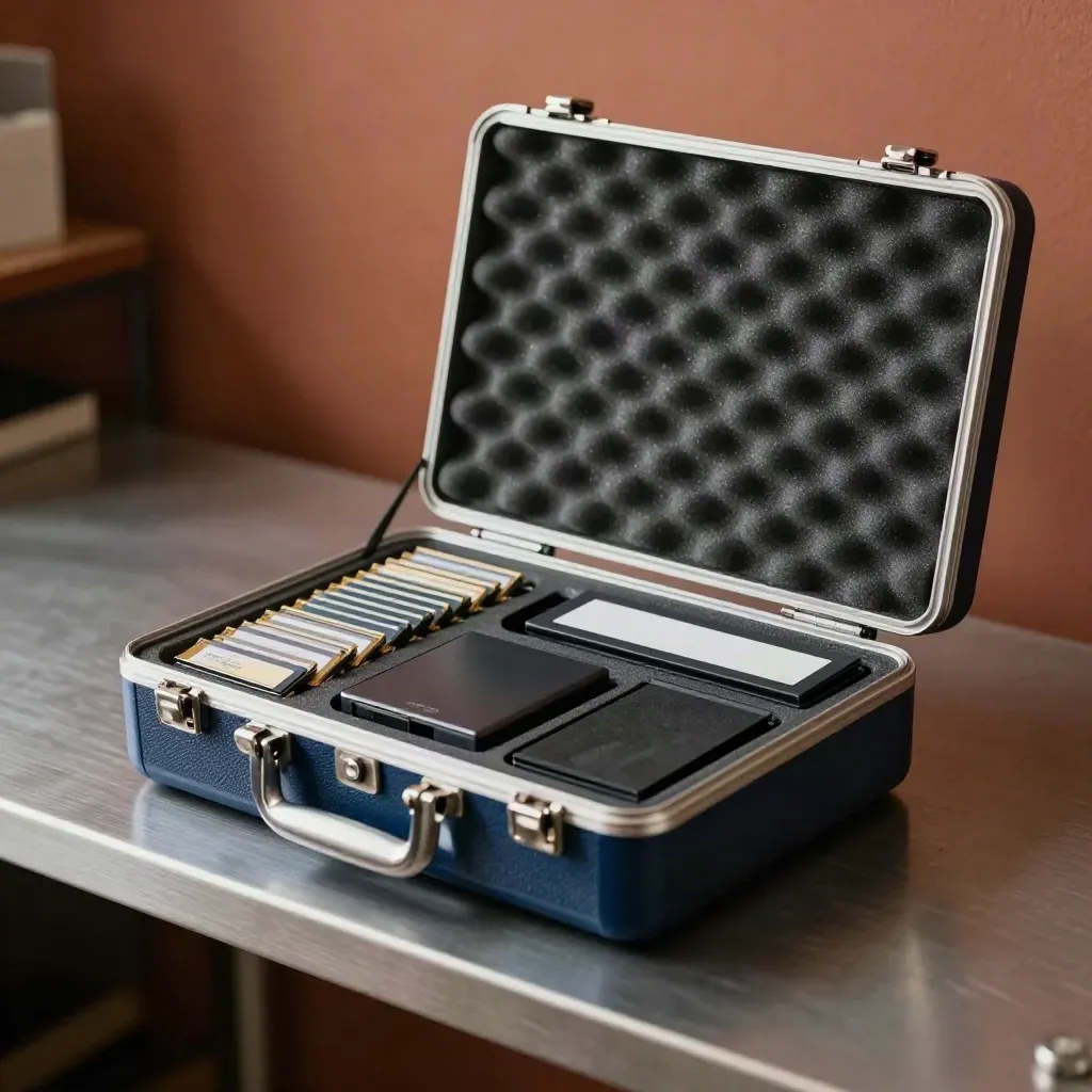 Boîtier de transport bleu nuit avec cartes mémoire scellées et lecteur compact sur établi métallique.