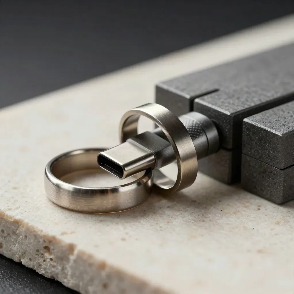 Anneaux métalliques, connecteur USB-C et blocs graphite en macro sur pierre claire.