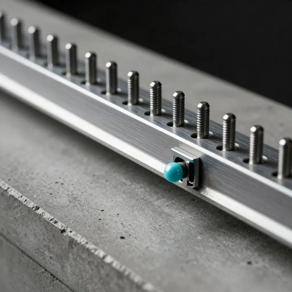 Rails perforés, broches de précision et module de verrouillage en macro sur béton gris.