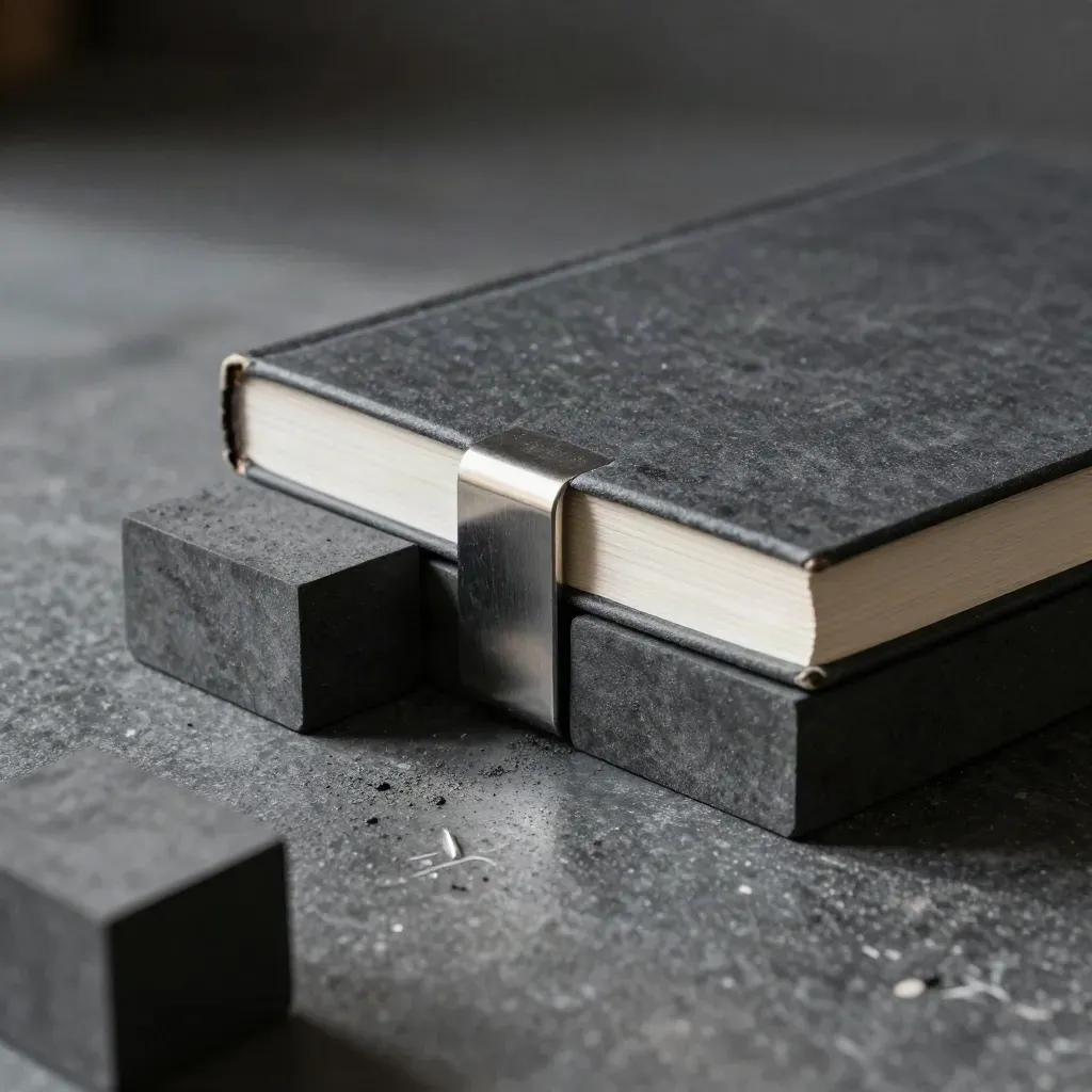 Vue de dessus de blocs modulaires graphite, livre fermé et jonction métallique sur pierre sombre.