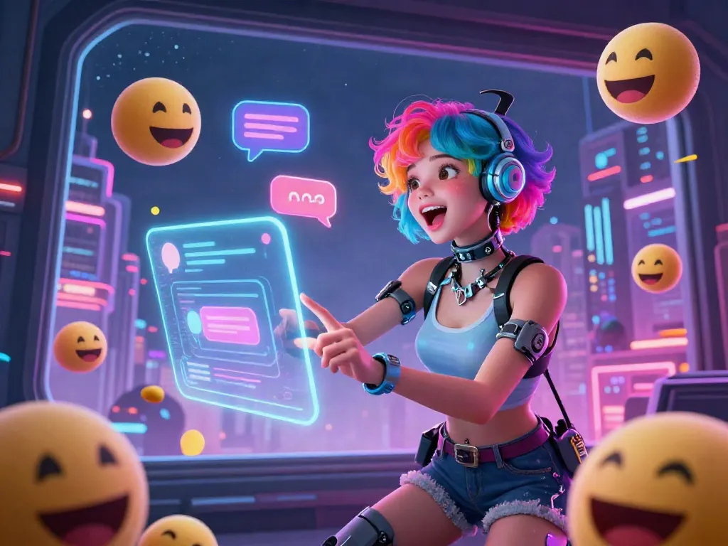 Character AI NSFW chat with glowing digital interfaces in a vibrant futuristic space.